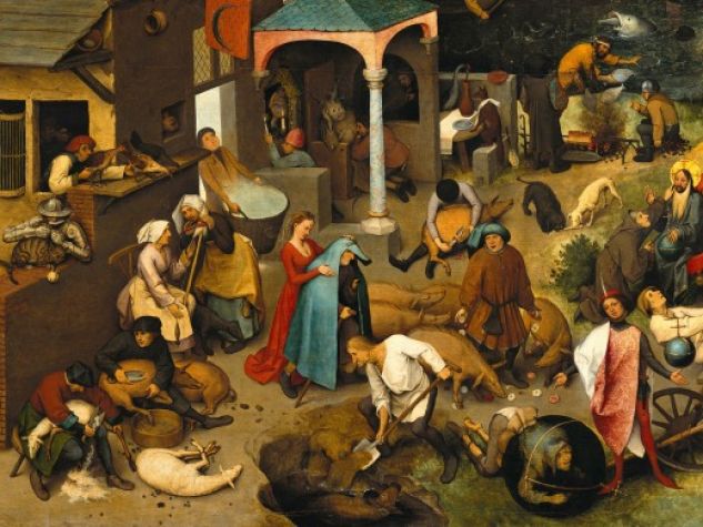 Pieter Bruegel il Vecchio, «Proverbi olandesi» (The Netherlandish Proverbs), particolare, 1559, Staatliche Museen, Berlino.