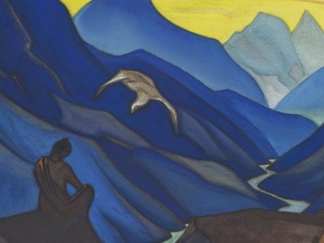 Nikolaj Roerich, «Il comando del maestro (precetto del saggio)» (particolare), 1947, tempera su tela, Mosca, Museo di Stato di Arte Orientale.