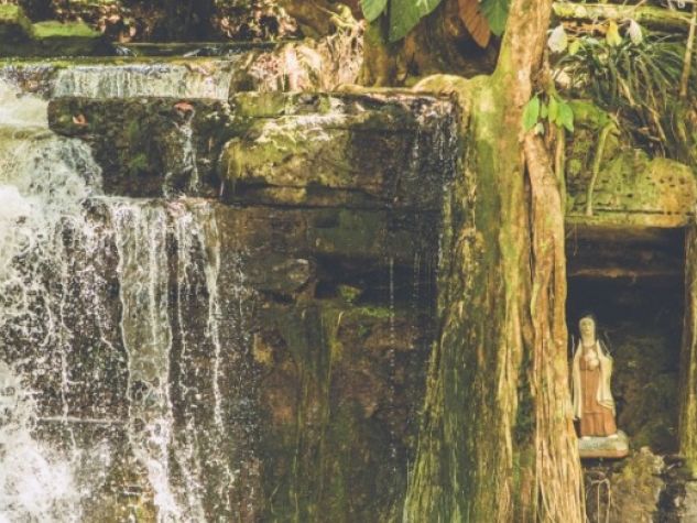 Una statua di santa Chiara nel mezzo della foresta tropicale.