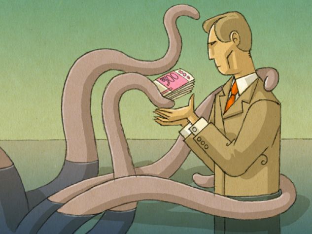 illustrazione, l'usura come una piovra offre contanti a un uomo