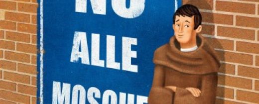 Un frate nasconde con noncuranza la lettera "E" di moschee in un cartellone pubblicitario