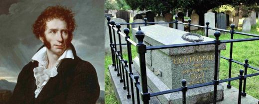 Ugo Foscolo e il suo cenotafio nel cimitero di Chiswick, nel quartiere di Turhnam Green.