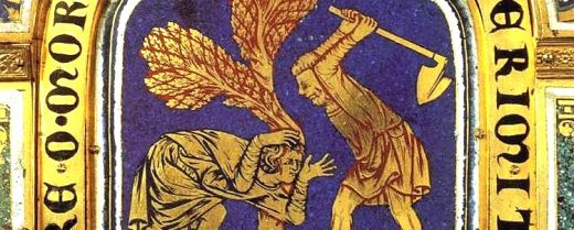 Nicholas di Verdun, Caino uccide Abele (particolare dell'Altare di Verdun), smalto su rame dorato, Abbazia di Klosterneuburg, Austria.