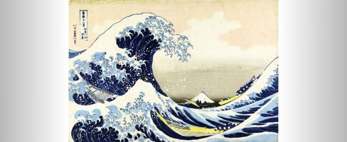 Katsushika Hokusai, La (grande) onda presso la costa di Kanagawa (Kanagawa oki namiura), dalla serie Trentasei vedute del monte Fuji (Fugaku sanjurokkei), 1830-1831 circa, silografia policroma proveniente dal Museo d’Arte Orientale Edoardo Chiossone.