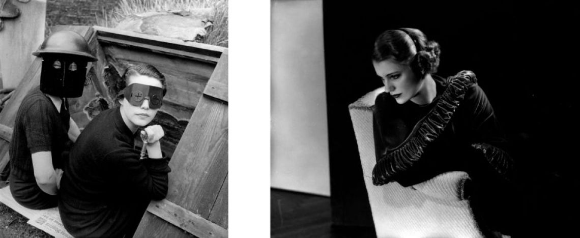 Da sinistra: Lee Miller, Maschere antincendio. Downshire Hill, Londra, Inghilterra, 1941; Lee Miller (Acconciatura di Dimitry). Lee Miller Studios, Inc., New York, USA, 1932. Da sinistra: Lee Miller, Maschere antincendio. Downshire Hill, Londra, Inghilterra, 1941; Lee Miller (Acconciatura di Dimitry). Lee Miller Studios, Inc., New York, USA, 1932.
