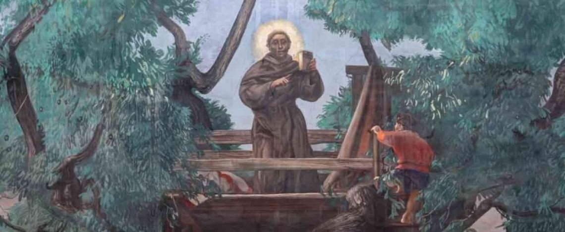 Pietro Annigoni, «Sant'Antonio predica dal noce» (particolare), controfacciata Basilica del Santo, 1985.