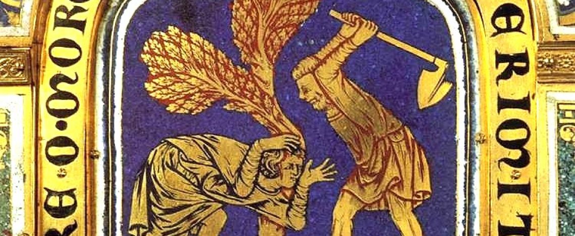 Nicholas di Verdun, Caino uccide Abele (particolare dell'Altare di Verdun), smalto su rame dorato, Abbazia di Klosterneuburg, Austria.
