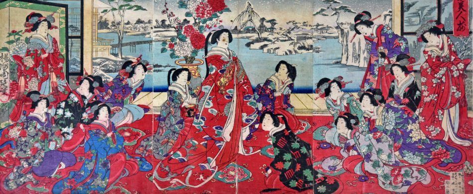 Yoshu Chinkanobu (1838-1912), Passatempi di beltà femminili in un giorno nevoso, trittico di xilografie.