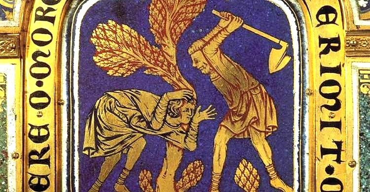Nicholas di Verdun, Caino uccide Abele (particolare dell'Altare di Verdun), smalto su rame dorato, Abbazia di Klosterneuburg, Austria.