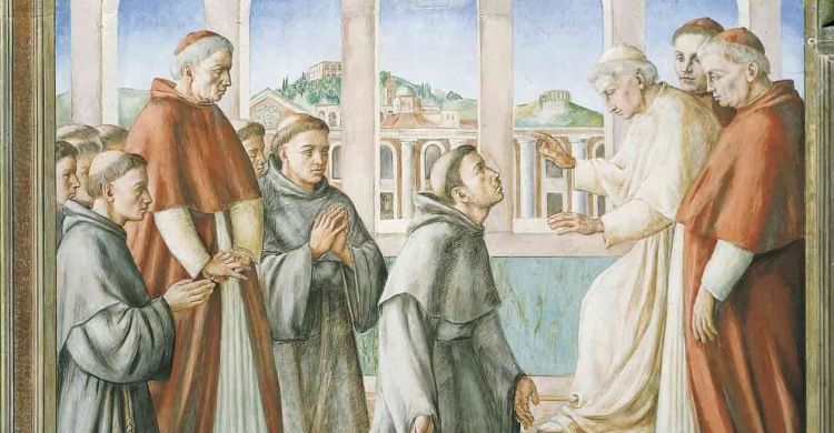 Ubaldo Oppi, «San Francesco e papa Onorio III» (particolare), 1939, Cappella San Francesco d'Assisi, Basilica del Santo, Padova.