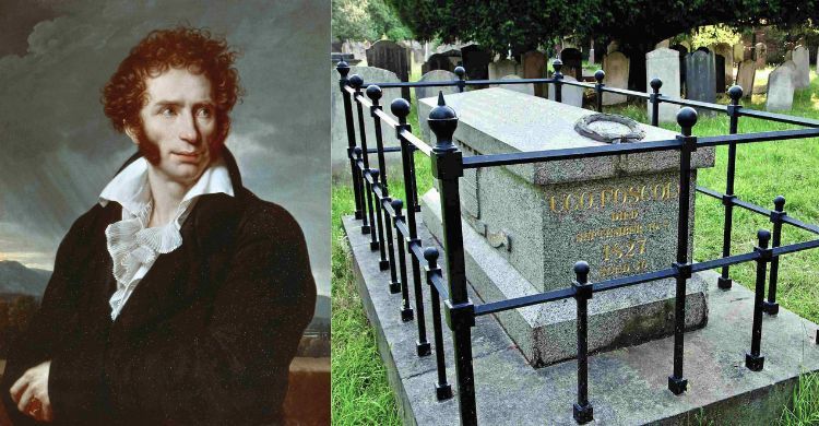 Ugo Foscolo e il suo cenotafio nel cimitero di Chiswick, nel quartiere di Turhnam Green.